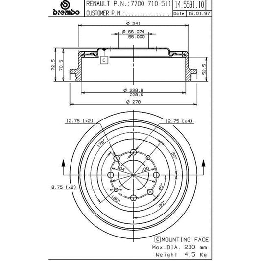 BRE-14.5591.10 - PAR DE TAMBORES DE FRENO TRASEROS PARA RENAULT KANGOO AUTHENTIQUE 2007-2009