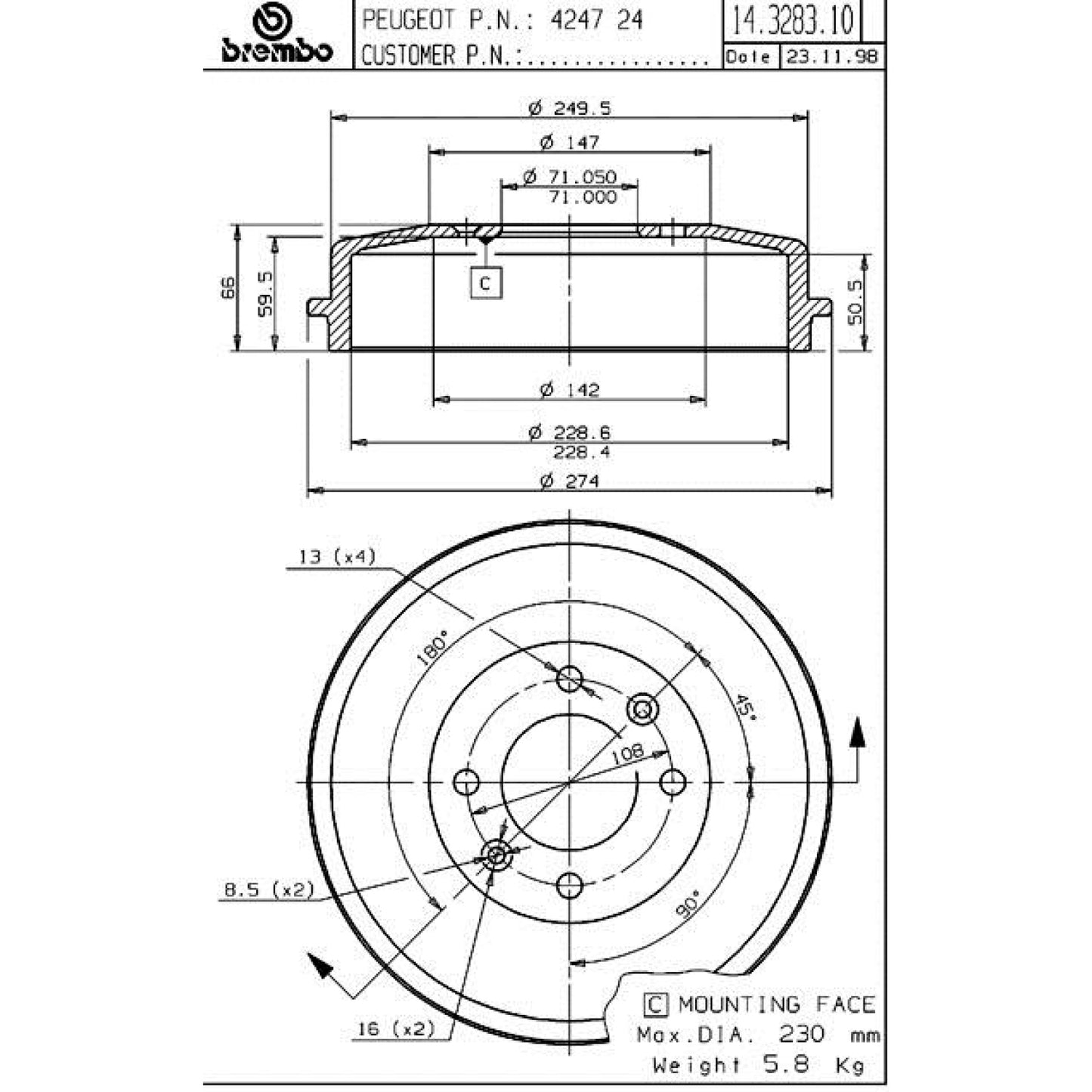 BRE-14.3283.10 - PAR DE TAMBORES DE FRENO TRASEROS PARA PEUGEOT GRAND RAID BASE 2007-2009