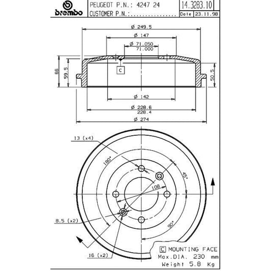 BRE-14.3283.10 - PAR DE TAMBORES DE FRENO TRASEROS PARA PEUGEOT GRAND RAID BASE 2007-2009