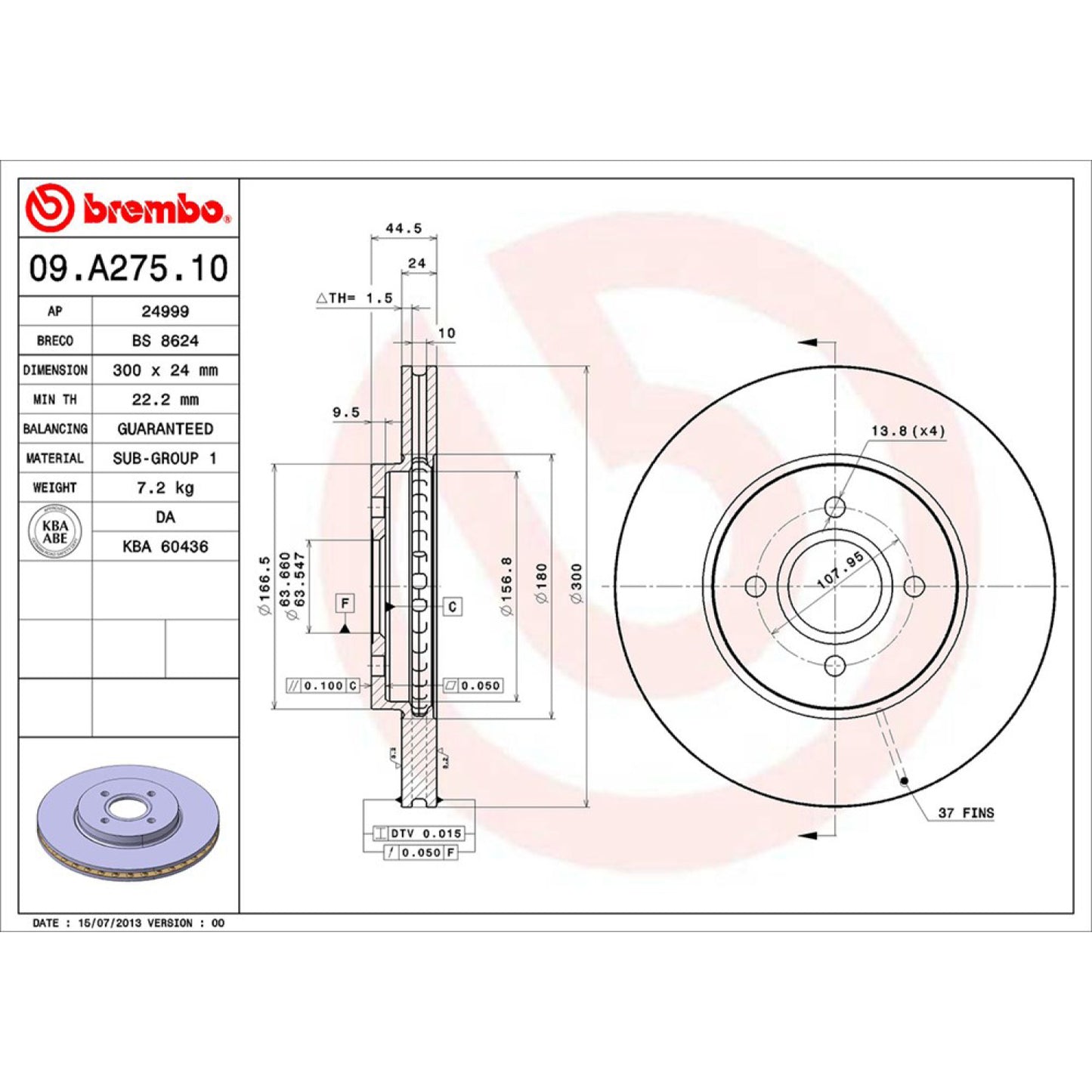 BRE-09.A275.10 - PAR DE DISCOS DE FRENO DELANTEROS PARA FORD FOCUS SVT 2002-2004