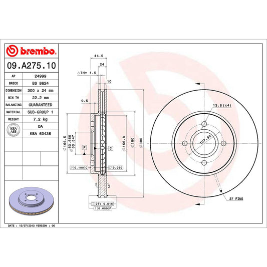 BRE-09.A275.10 - PAR DE DISCOS DE FRENO DELANTEROS PARA FORD FOCUS SVT 2002-2004
