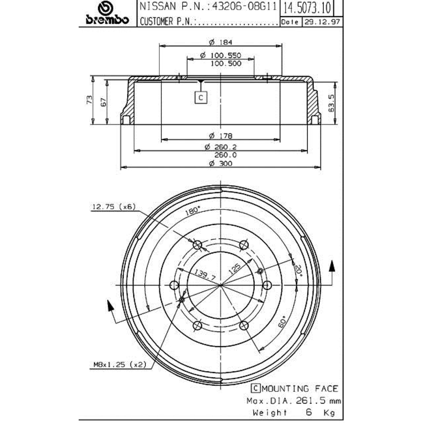 BRE-14.5073.10 - PAR DE TAMBORES DE FRENO TRASEROS PARA NISSAN FRONTIER BASE 1998-2003