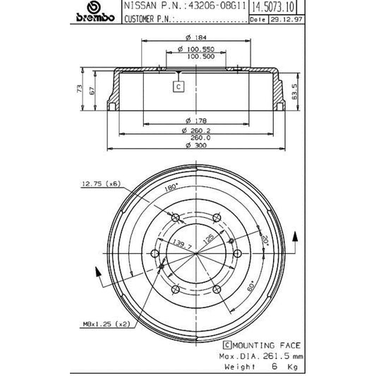 BRE-14.5073.10 - PAR DE TAMBORES DE FRENO TRASEROS PARA NISSAN FRONTIER BASE 1998-2003