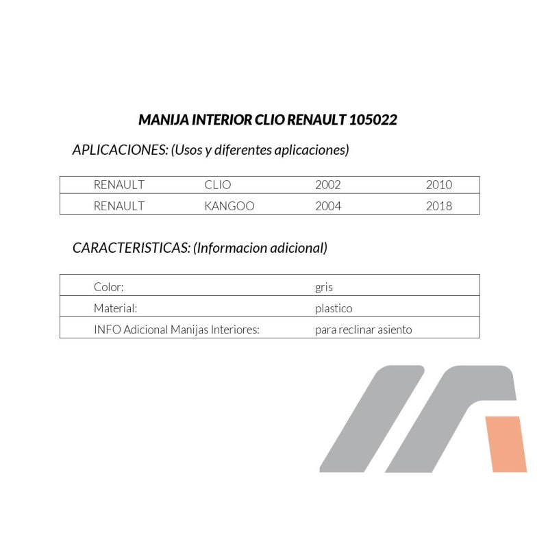MANJ-105022 - MANIJA INTERIOR PARA RENAULT CLIO 2002-2010 DERECHA DELANTERA
