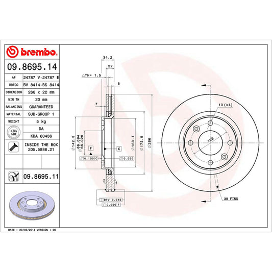 BRE-09.8695.10 - PAR DE DISCOS DE FRENO DELANTEROS PARA PEUGEOT 2008 ALLURE 2019-2019