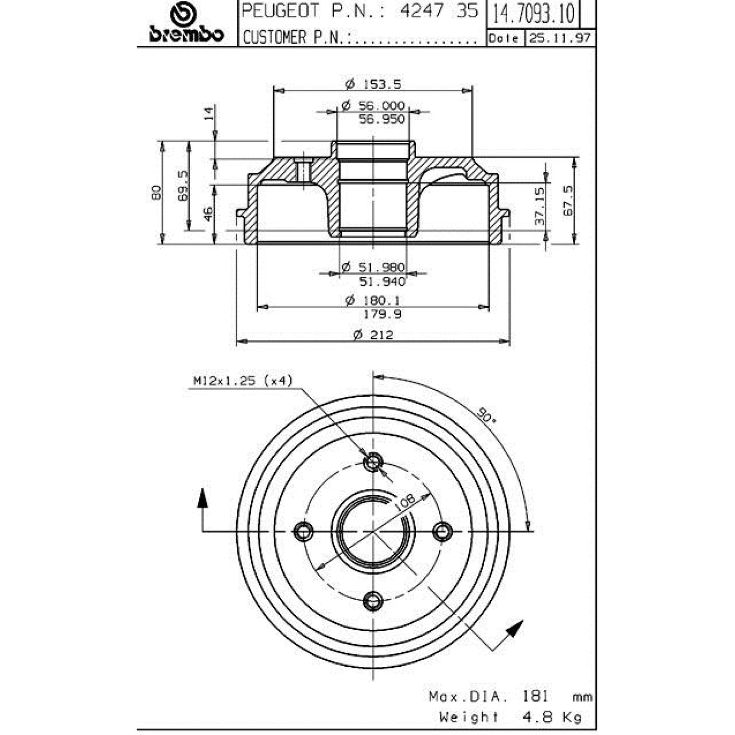 BRE-14.7093.10 - PAR DE TAMBORES DE FRENO TRASEROS PARA PEUGEOT 206 BASE 2000-2000