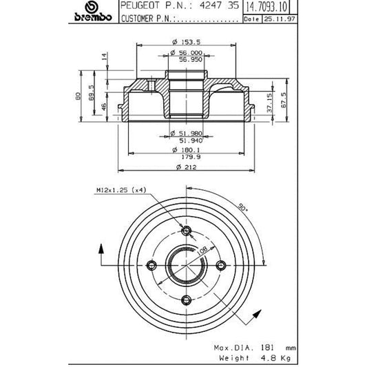 BRE-14.7093.10 - PAR DE TAMBORES DE FRENO TRASEROS PARA PEUGEOT 206 BASE 2000-2000