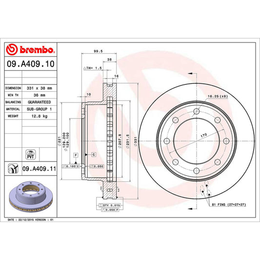 BRE-09.A409.10 - PAR DE DISCOS DE FRENO DELANTEROS PARA FORD EXCURSION EDDIE BAUER 2003-2005