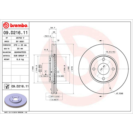 BRE-09.D216.11 - PAR DE DISCOS DE FRENO DELANTEROS PARA FORD ECOSPORT SE 2013-2014