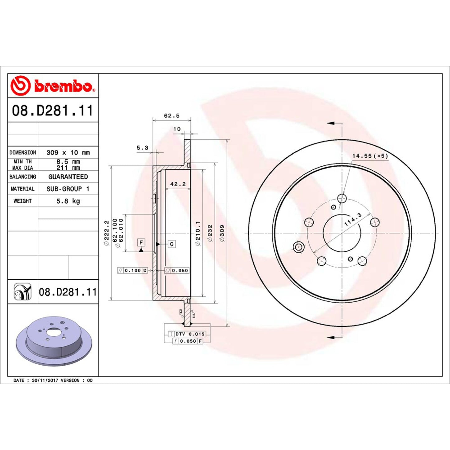 BRE-08.D281.10 - PAR DE DISCOS DE FRENO TRASEROS PARA TOYOTA HIGHLANDER HYBRID LE 2015-2019