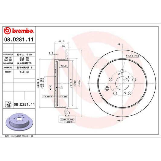 BRE-08.D281.10 - PAR DE DISCOS DE FRENO TRASEROS PARA TOYOTA HIGHLANDER HYBRID LE 2015-2019