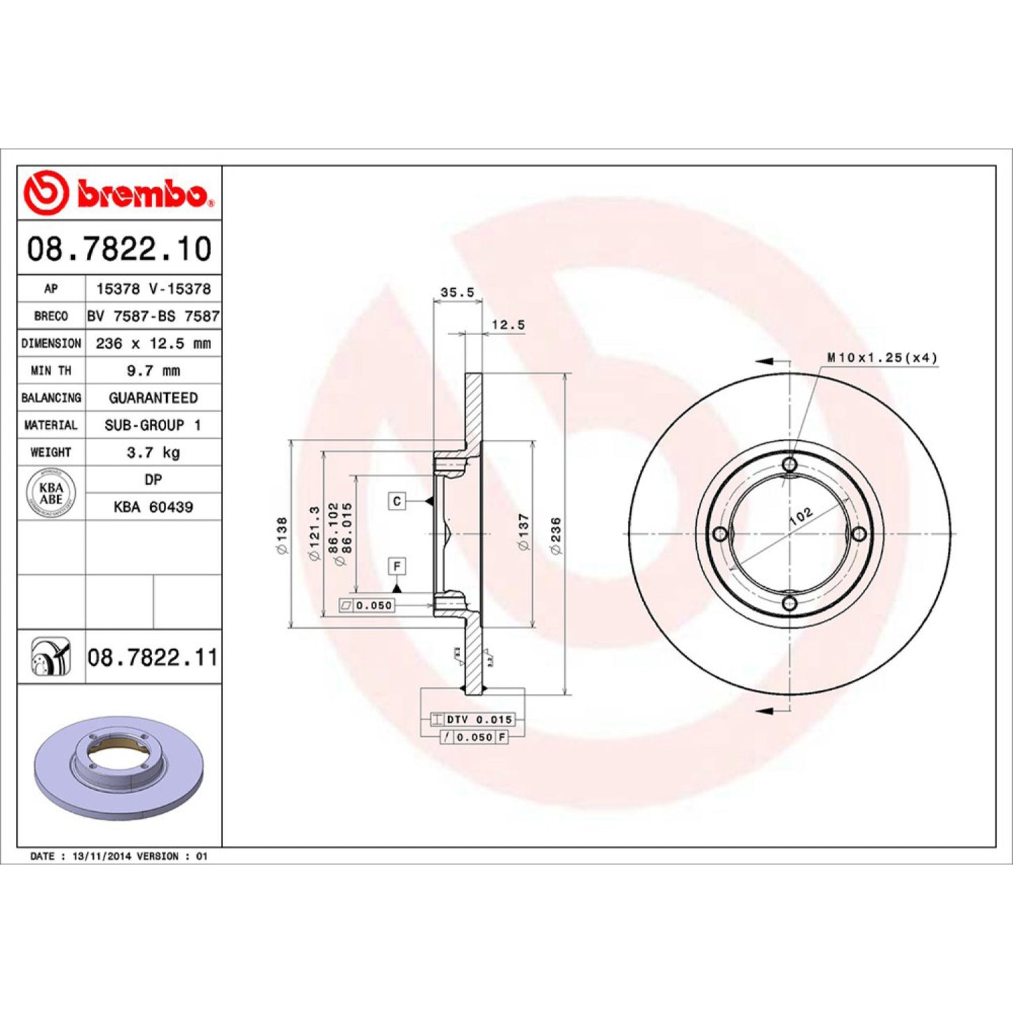 BRE-08.7822.10 - PAR DE DISCOS DE FRENO DELANTEROS PARA CHEVROLET MATIZ BASE 2011-2012