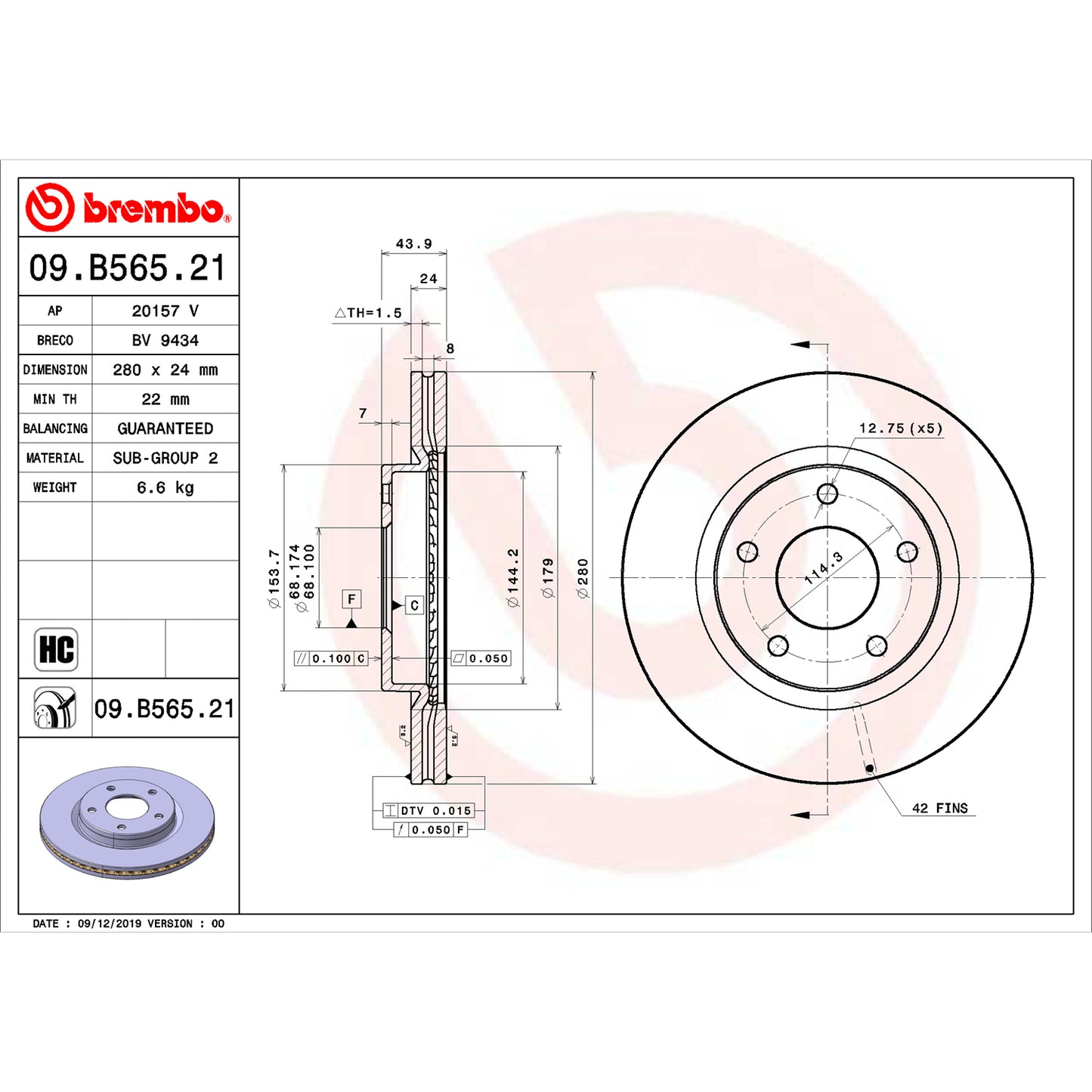 BRE-09.B565.21 - PAR DE DISCOS DE FRENO DELANTEROS PARA NISSAN SENTRA ADVANCE 2013-2019