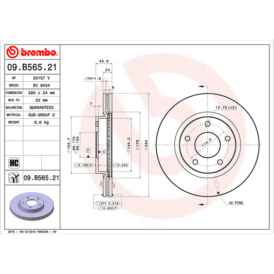 BRE-09.B565.21 - PAR DE DISCOS DE FRENO DELANTEROS PARA NISSAN SENTRA ADVANCE 2013-2019