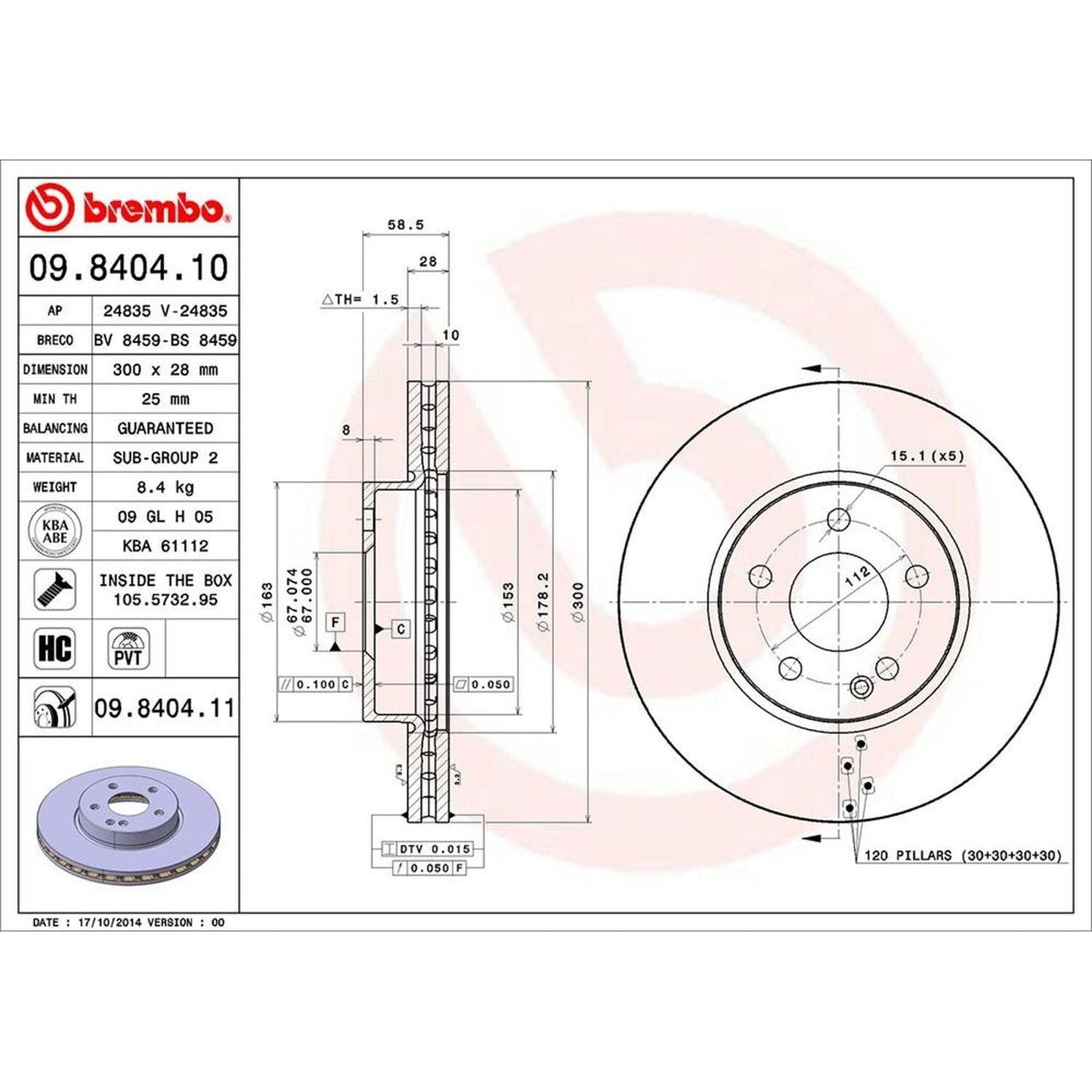 BRE-09.B647.11 - PAR DE DISCOS DE FRENO DELANTEROS PARA MITSUBISHI LANCER DE 2008-2016