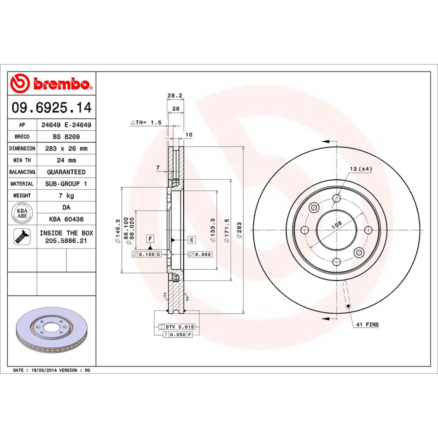 BRE-09.6925.10 - PAR DE DISCOS DE FRENO DELANTEROS PARA PEUGEOT 406 BASE 2000-2002