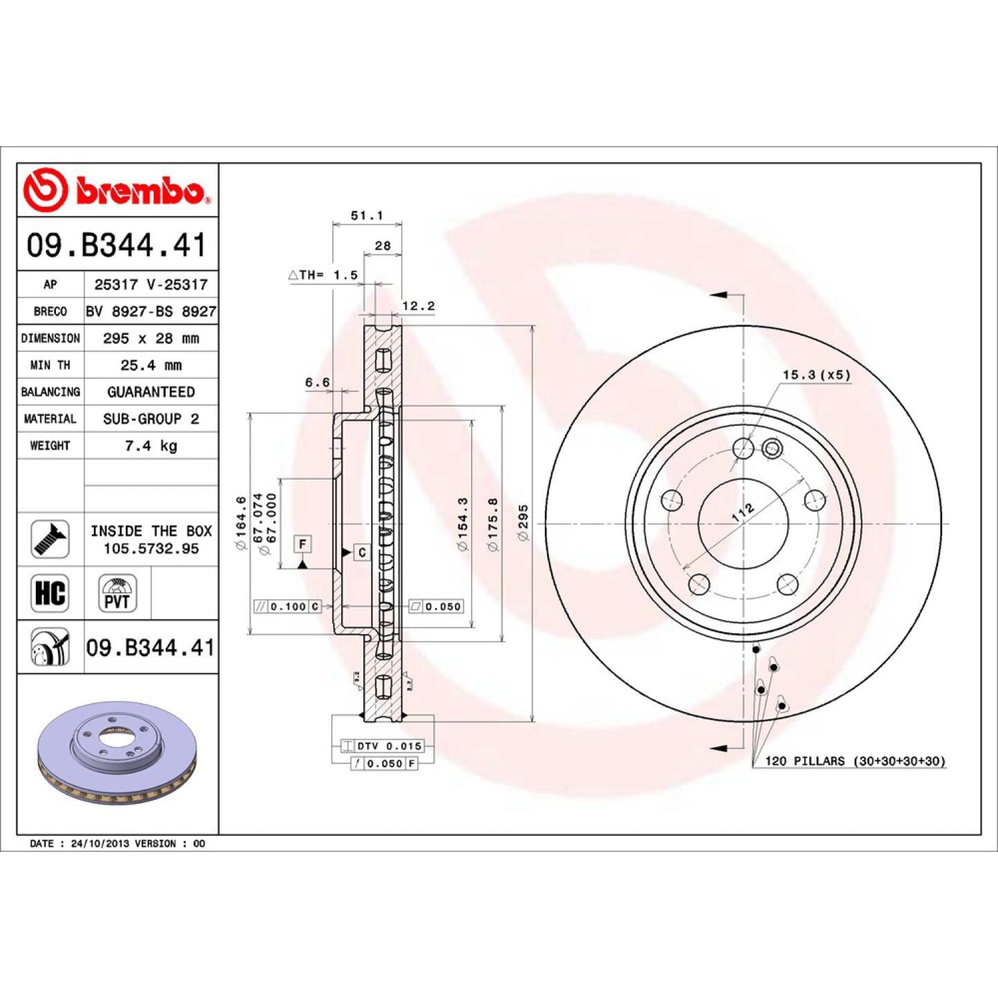 BRE-09.B344.41 - PAR DE DISCOS DE FRENO DELANTEROS PARA MERCEDES-BENZ A180 BASE 2013-2016