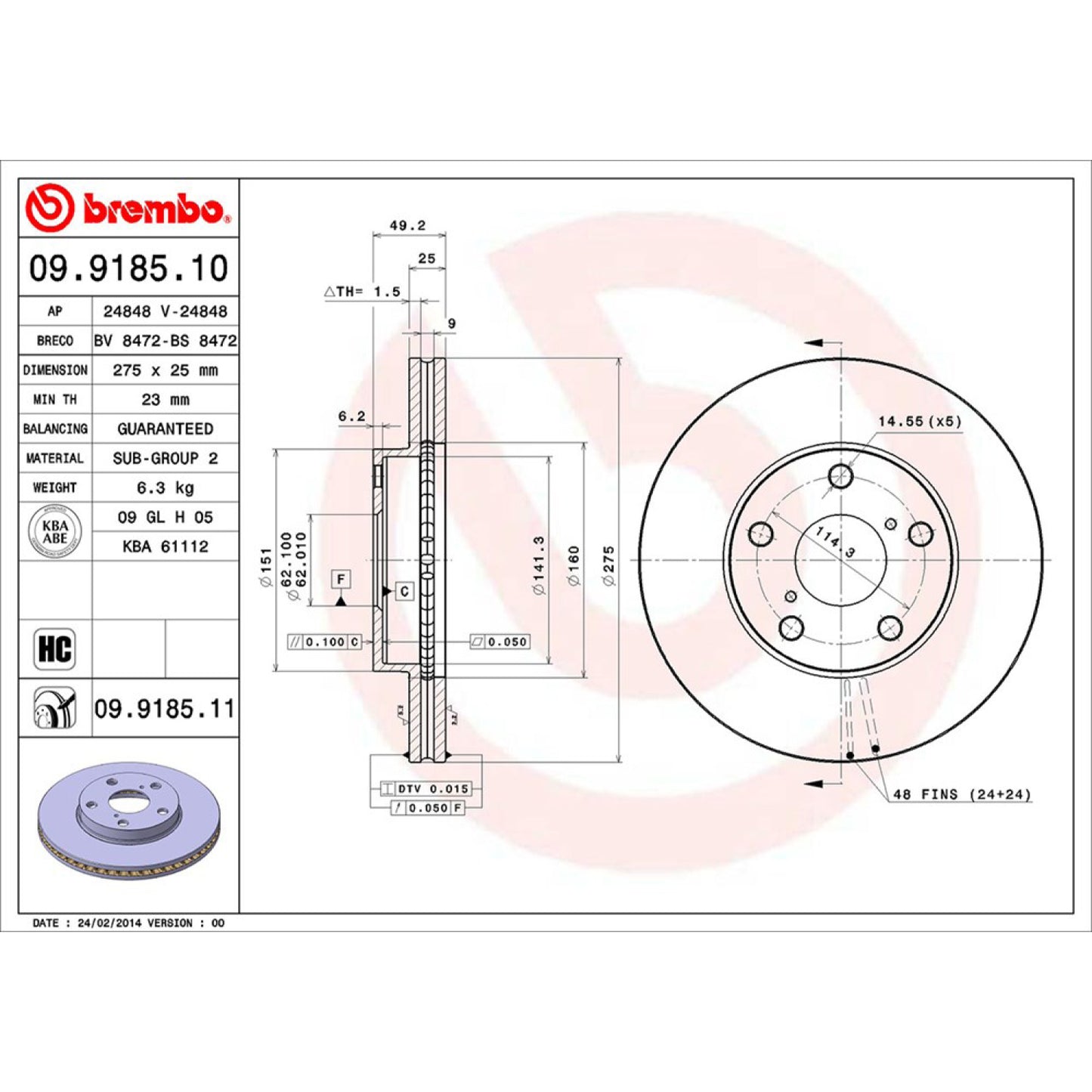 BRE-09.9185.10 - PAR DE DISCOS DE FRENO DELANTEROS PARA TOYOTA RAV4 BASE 2001-2005