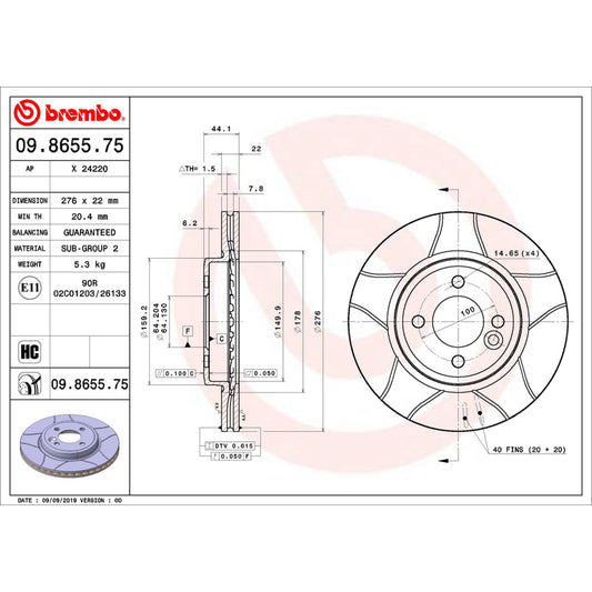 BRE-09.8655.75 - PAR DE DISCOS DE FRENO DELANTEROS PARA MINI COOPER BASE 2002-2005