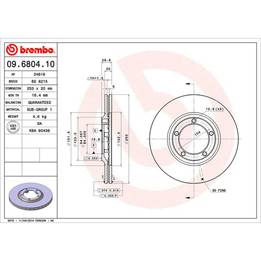 BRE-09.6804.10 - PAR DE DISCOS DE FRENO DELANTEROS PARA DODGE H100 BASE 2004-2005