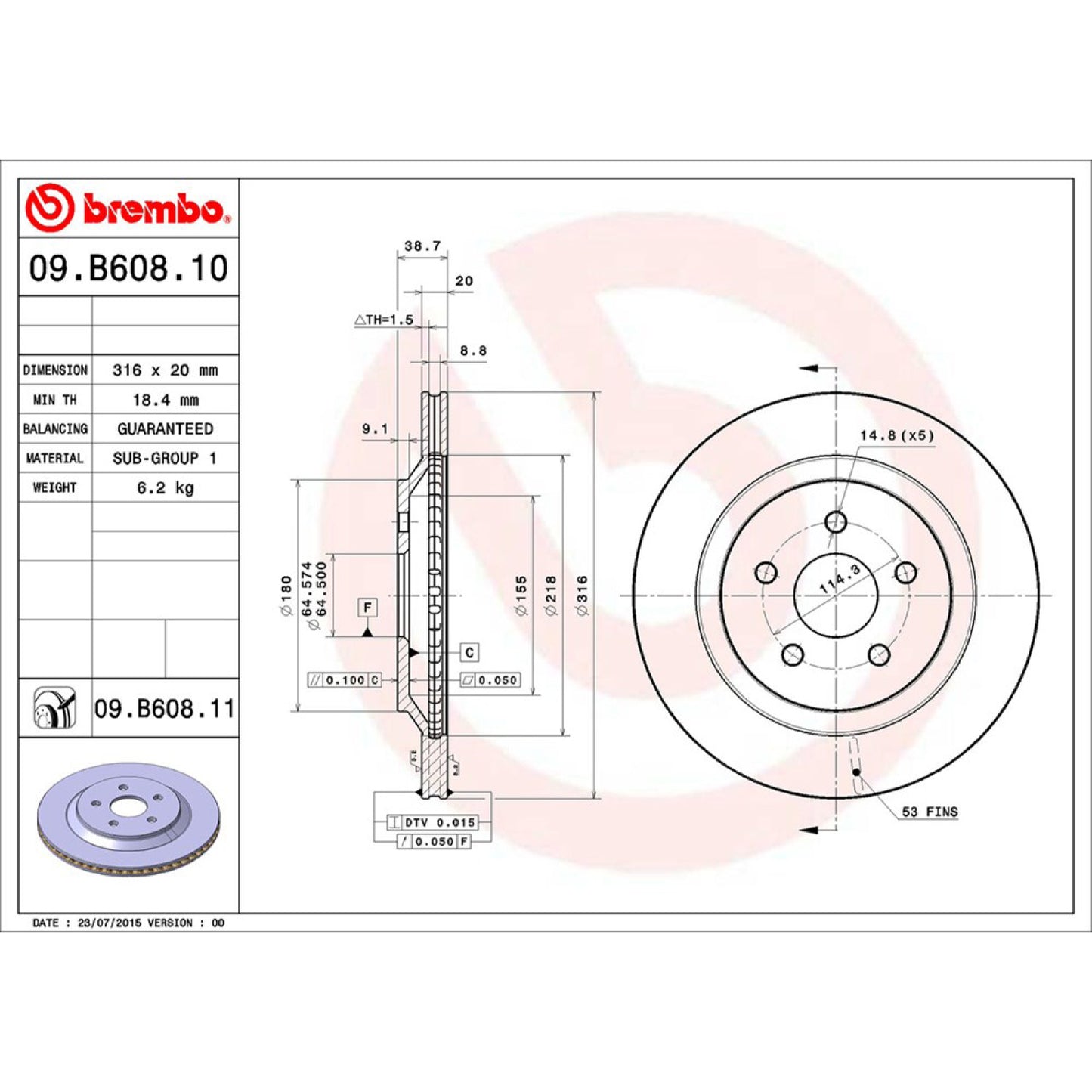 BRE-09.B608.10 - PAR DE DISCOS DE FRENO TRASEROS PARA FORD FREESTAR BASE 2004-2007