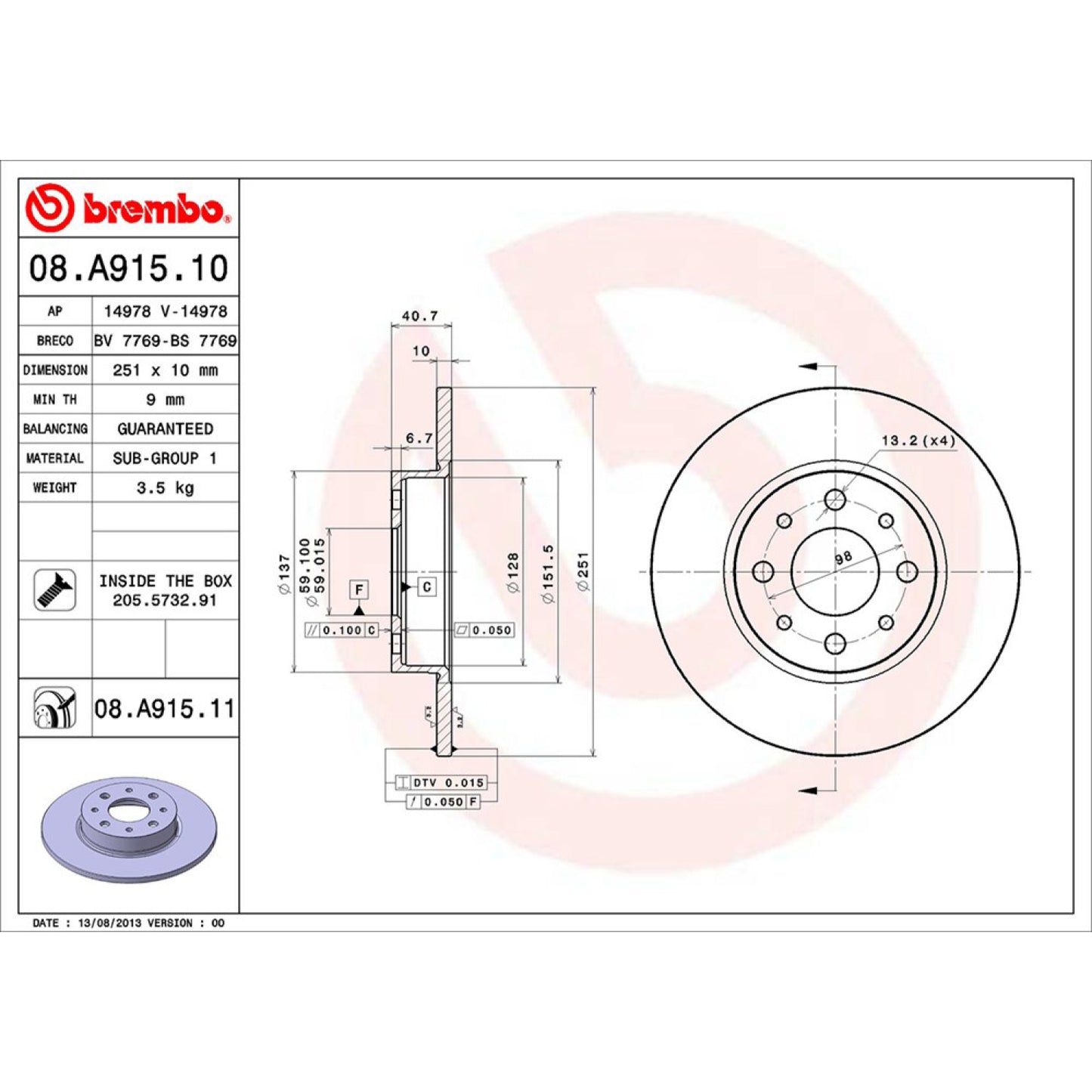 BRE-08.A915.11 - PAR DE DISCOS DE FRENO TRASEROS PARA ALFA ROMEO MITO BASE 2017-2017