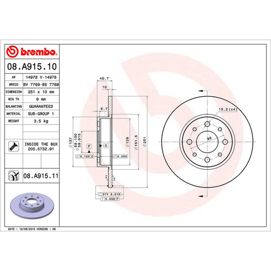 BRE-08.A915.11 - PAR DE DISCOS DE FRENO TRASEROS PARA ALFA ROMEO MITO BASE 2017-2017