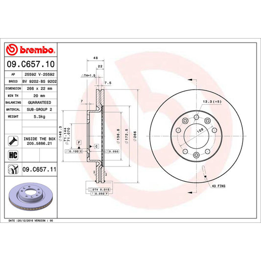 BRE-09.C657.11 - PAR DE DISCOS DE FRENO DELANTEROS PARA PEUGEOT 308 ALLURE 2016-2017