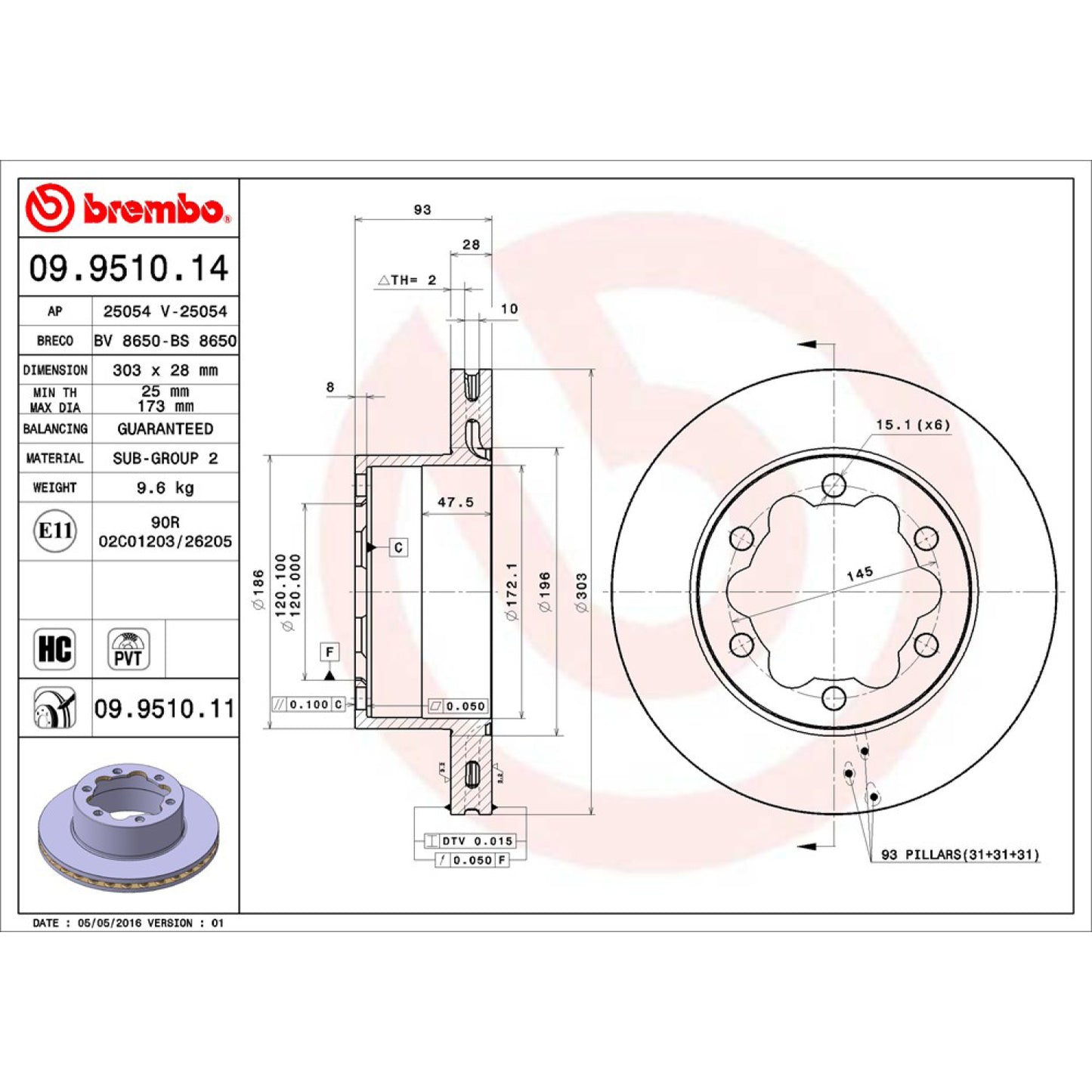 BRE-09.9510.11 - PAR DE DISCOS DE FRENO TRASEROS PARA MERCEDES-BENZ SPRINTER 415 CDI 2007-2019