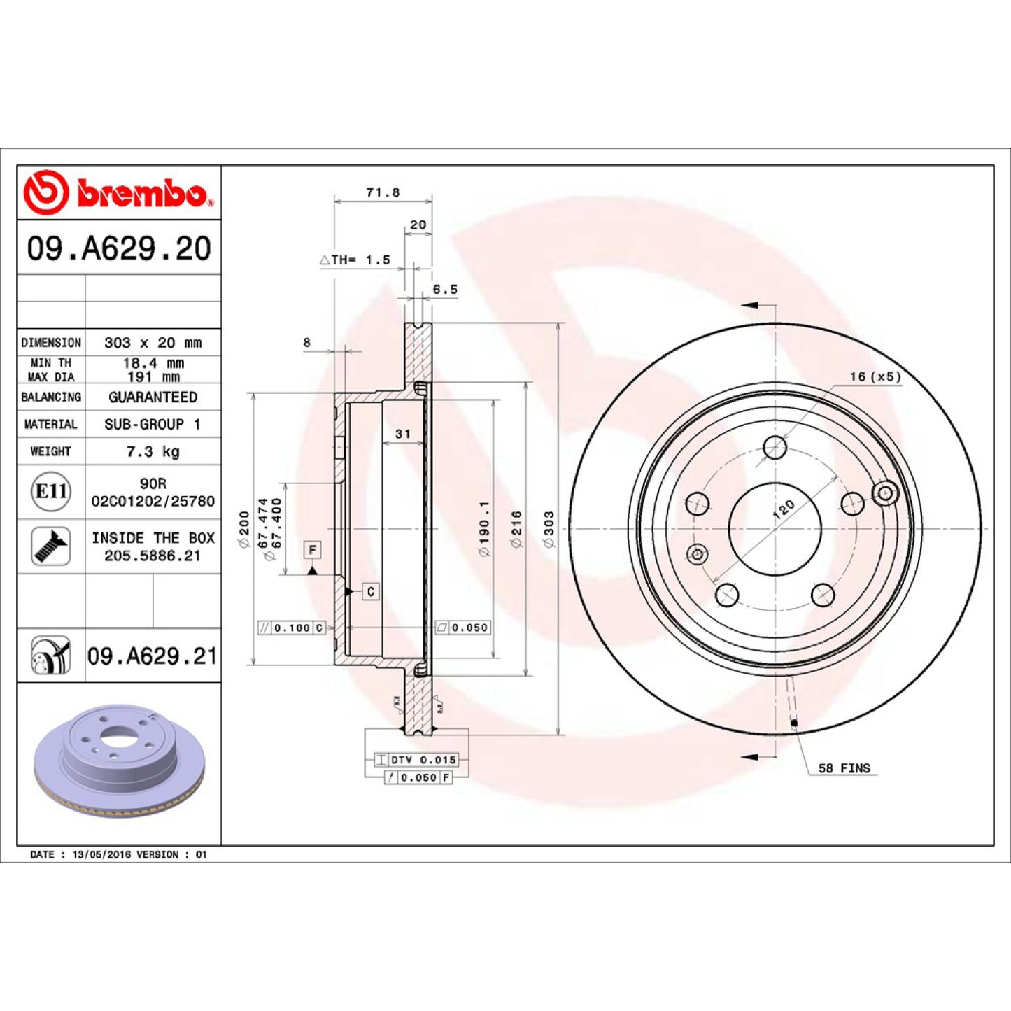 BRE-09.A629.20 - PAR DE DISCOS DE FRENO TRASEROS PARA CHEVROLET EQUINOX LS 2016-2017