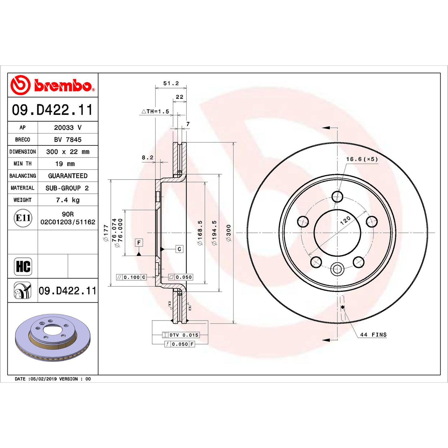 BRE-09.D422.11 - PAR DE DISCOS DE FRENO TRASEROS PARA VOLKSWAGEN AMAROK HIGHLINE 2018-2020