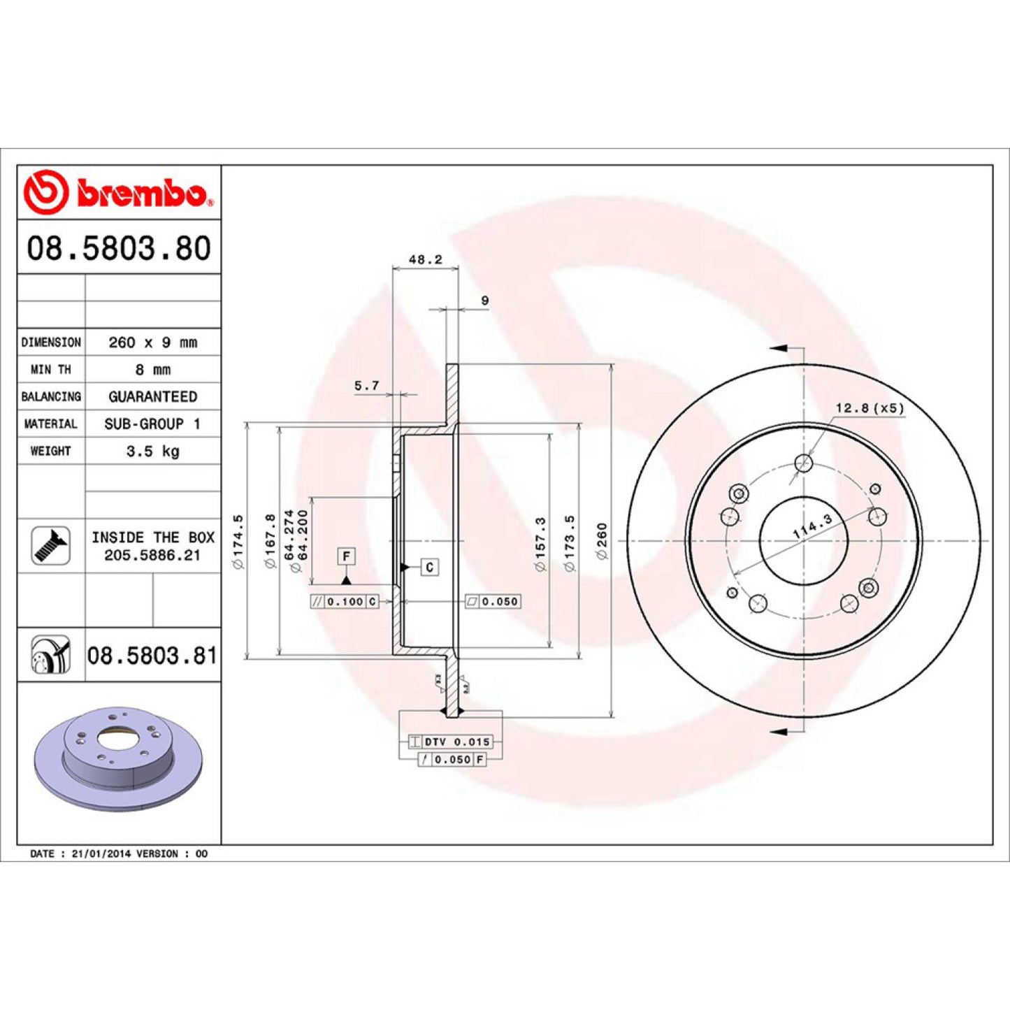 BRE-08.5803.80 - PAR DE DISCOS DE FRENO TRASEROS PARA HONDA ACCORD COUPE 1998-2000