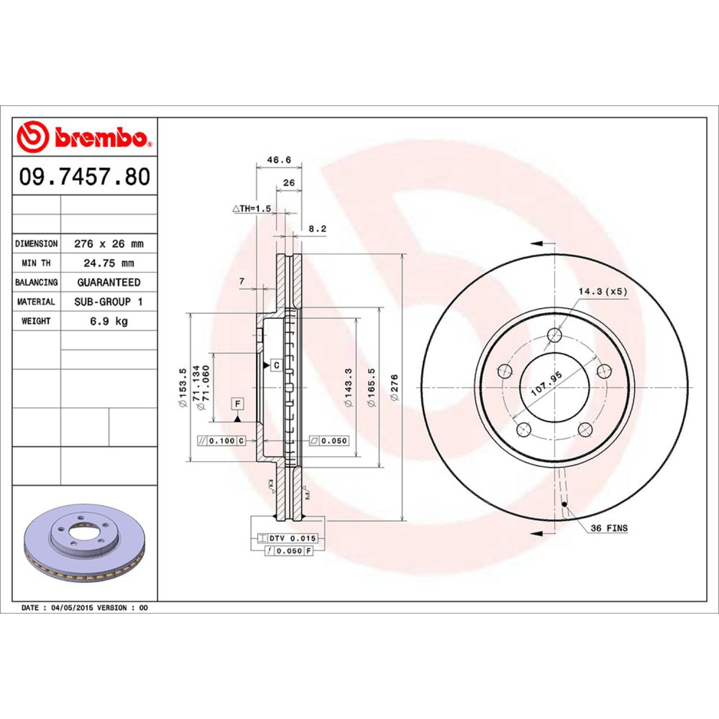 BRE-09.7457.80 - PAR DE DISCOS DE FRENO DELANTEROS PARA FORD TAURUS G 1996-1997