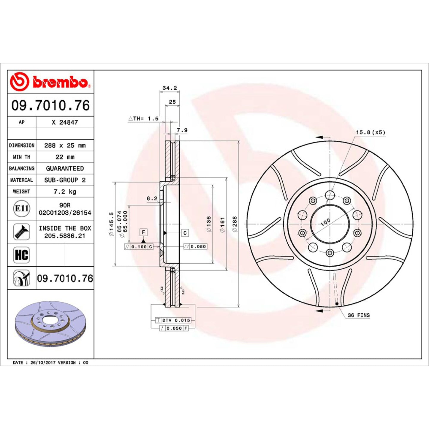 BRE-09.7010.76 - PAR DE DISCOS DE FRENO DELANTEROS PARA AUDI A1 ACTIVE 2016-2016