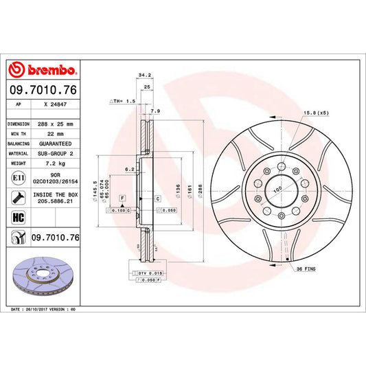 BRE-09.7010.76 - PAR DE DISCOS DE FRENO DELANTEROS PARA AUDI A1 ACTIVE 2016-2016