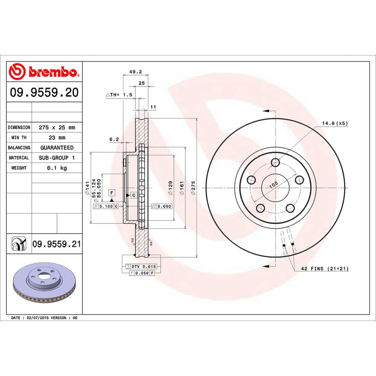 BRE-09.9559.20 - PAR DE DISCOS DE FRENO DELANTEROS PARA PONTIAC VIBE BASE 2003-2007