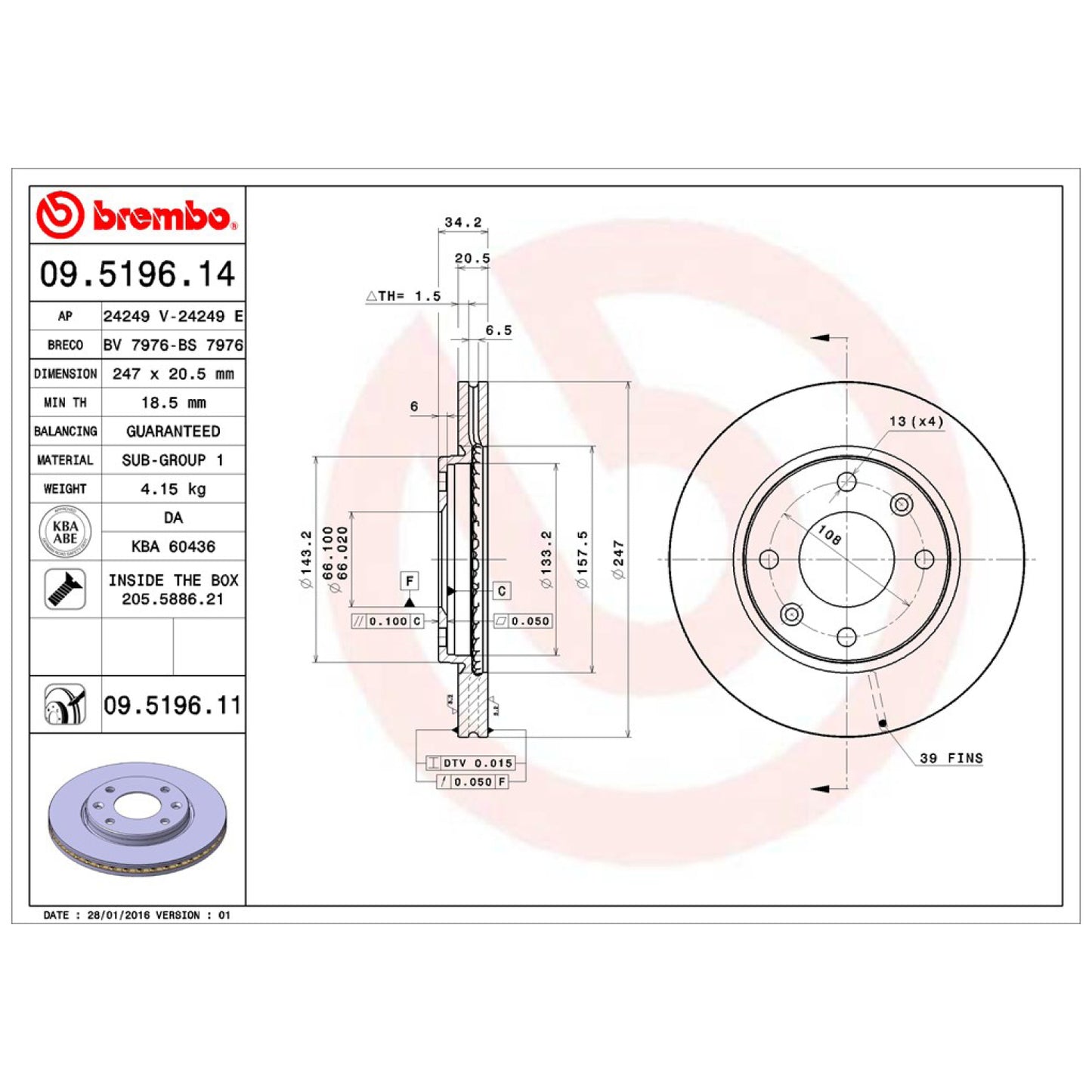 BRE-09.5196.10 - PAR DE DISCOS DE FRENO DELANTEROS PARA PEUGEOT 206 BASE 2007-2007