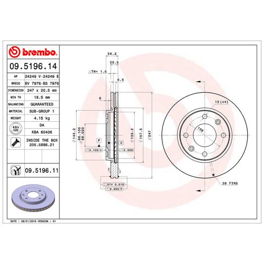 BRE-09.5196.10 - PAR DE DISCOS DE FRENO DELANTEROS PARA PEUGEOT 206 BASE 2007-2007