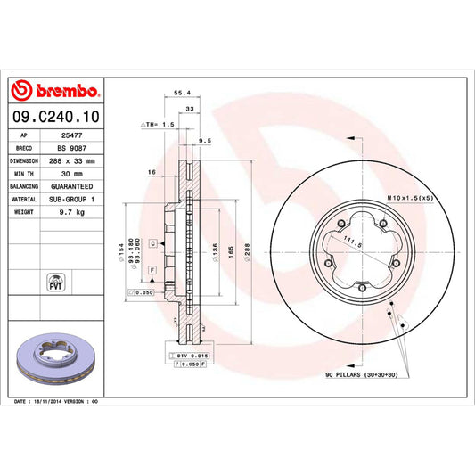 BRE-09.C240.10 - PAR DE DISCOS DE FRENO DELANTEROS PARA FORD TRANSIT BASE 2015-2020