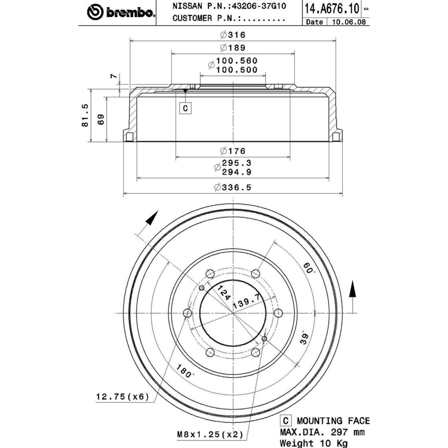 BRE-14.A676.10 - PAR DE TAMBORES DE FRENO TRASEROS PARA NISSAN FRONTIER LE 2011-2015