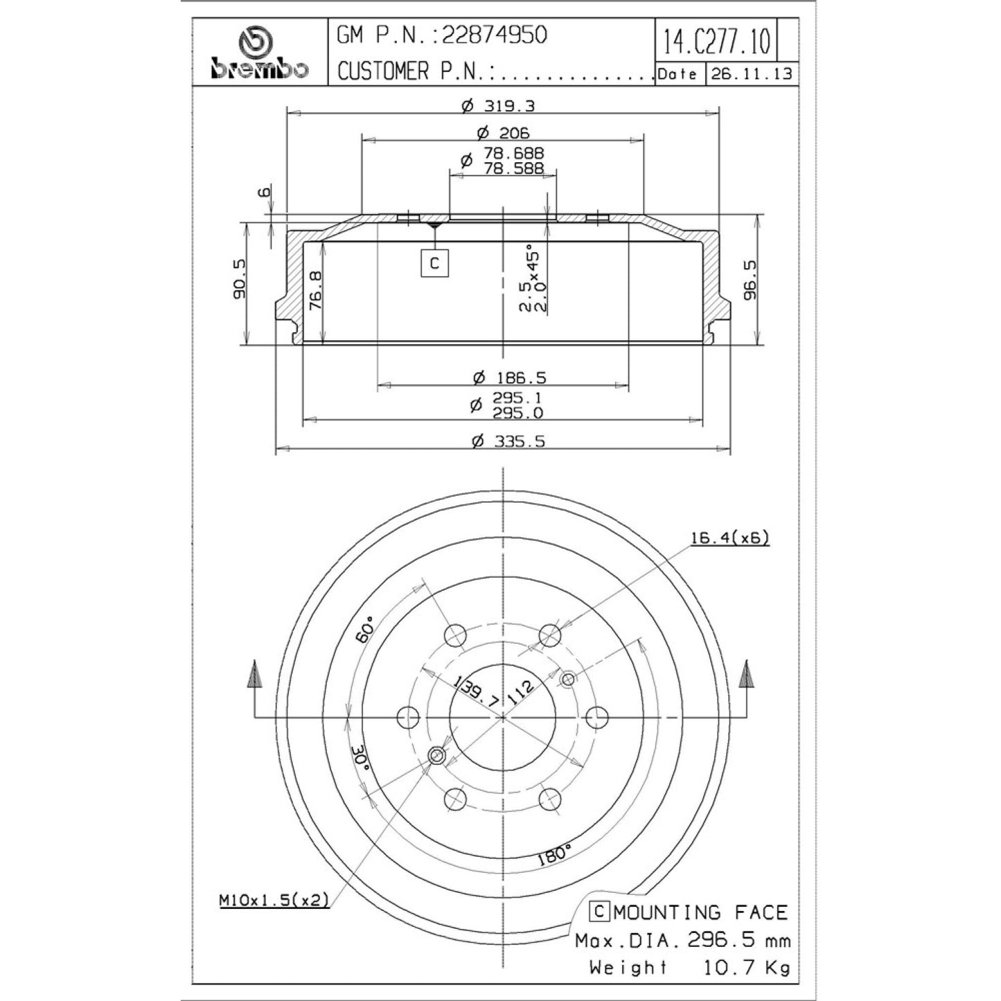 BRE-14.C277.10 - PAR DE TAMBORES DE FRENO TRASEROS PARA CHEVROLET SILVERADO 1500 BASE 2009-2012