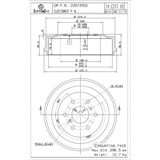 BRE-14.C277.10 - PAR DE TAMBORES DE FRENO TRASEROS PARA CHEVROLET SILVERADO 1500 BASE 2009-2012
