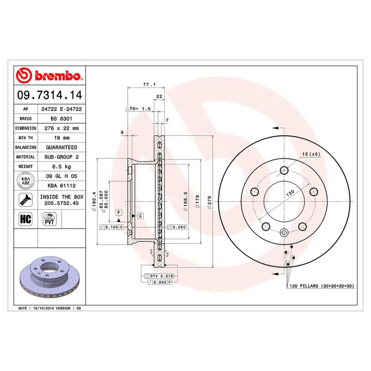 BRE-09.7314.10 - PAR DE DISCOS DE FRENO DELANTEROS PARA DODGE SPRINTER 2500 BASE 2003-2003