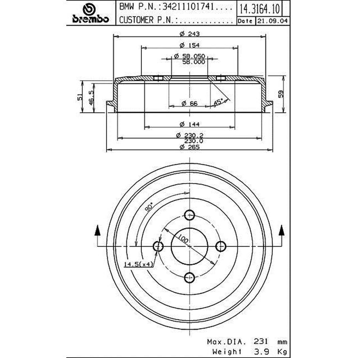 BRE-14.B575.10 - PAR DE TAMBORES DE FRENO TRASEROS PARA HONDA CIVIC DX 2001-2005