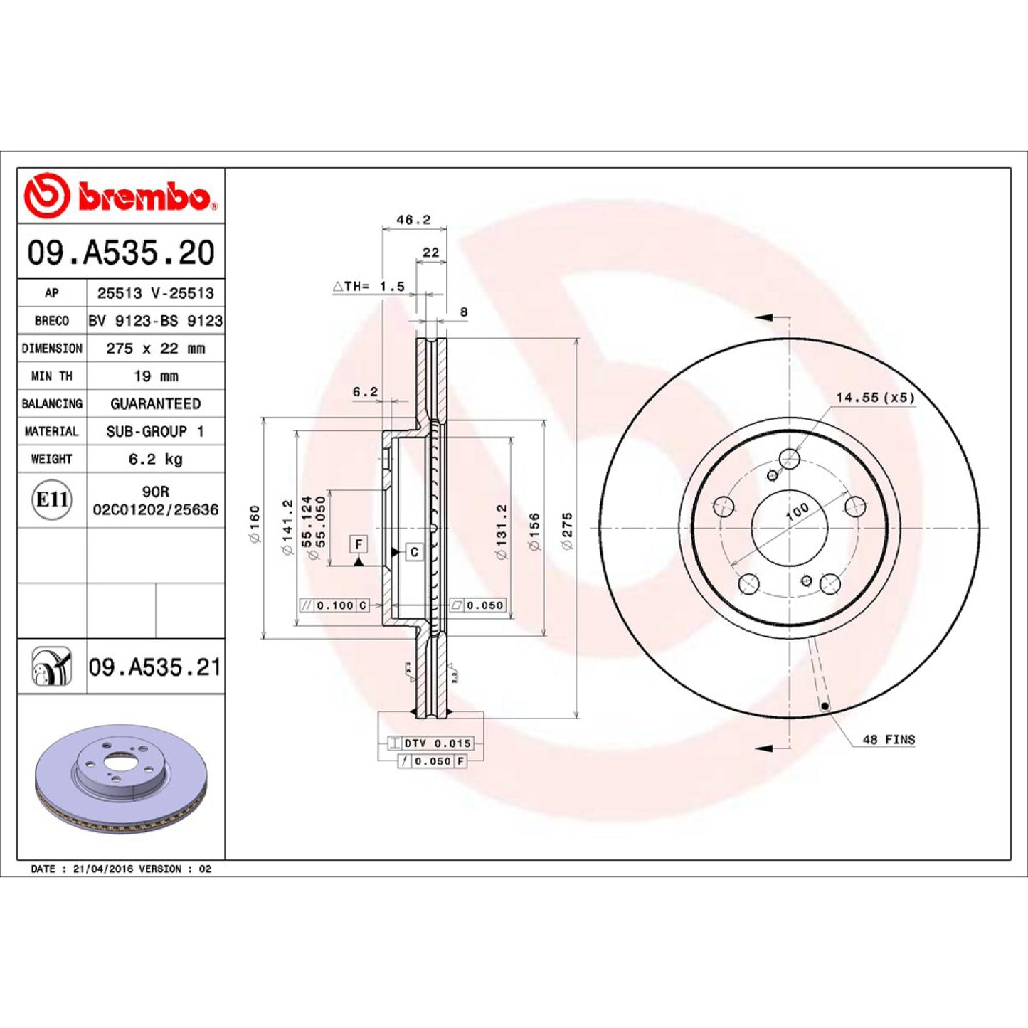 BRE-09.A535.20 - PAR DE DISCOS DE FRENO DELANTEROS PARA TOYOTA COROLLA 50TH ANNIVERSARY SPECIAL EDITION 2017-2017