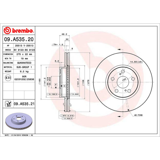 BRE-09.A535.20 - PAR DE DISCOS DE FRENO DELANTEROS PARA TOYOTA COROLLA 50TH ANNIVERSARY SPECIAL EDITION 2017-2017