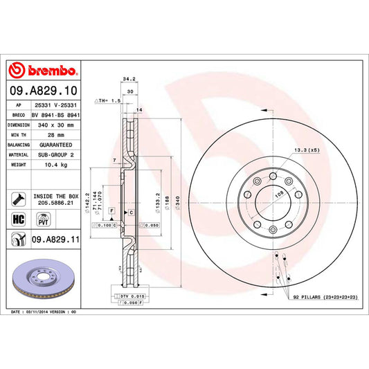BRE-09.A829.11 - PAR DE DISCOS DE FRENO DELANTEROS PARA PEUGEOT RCZ BASE 2011-2015