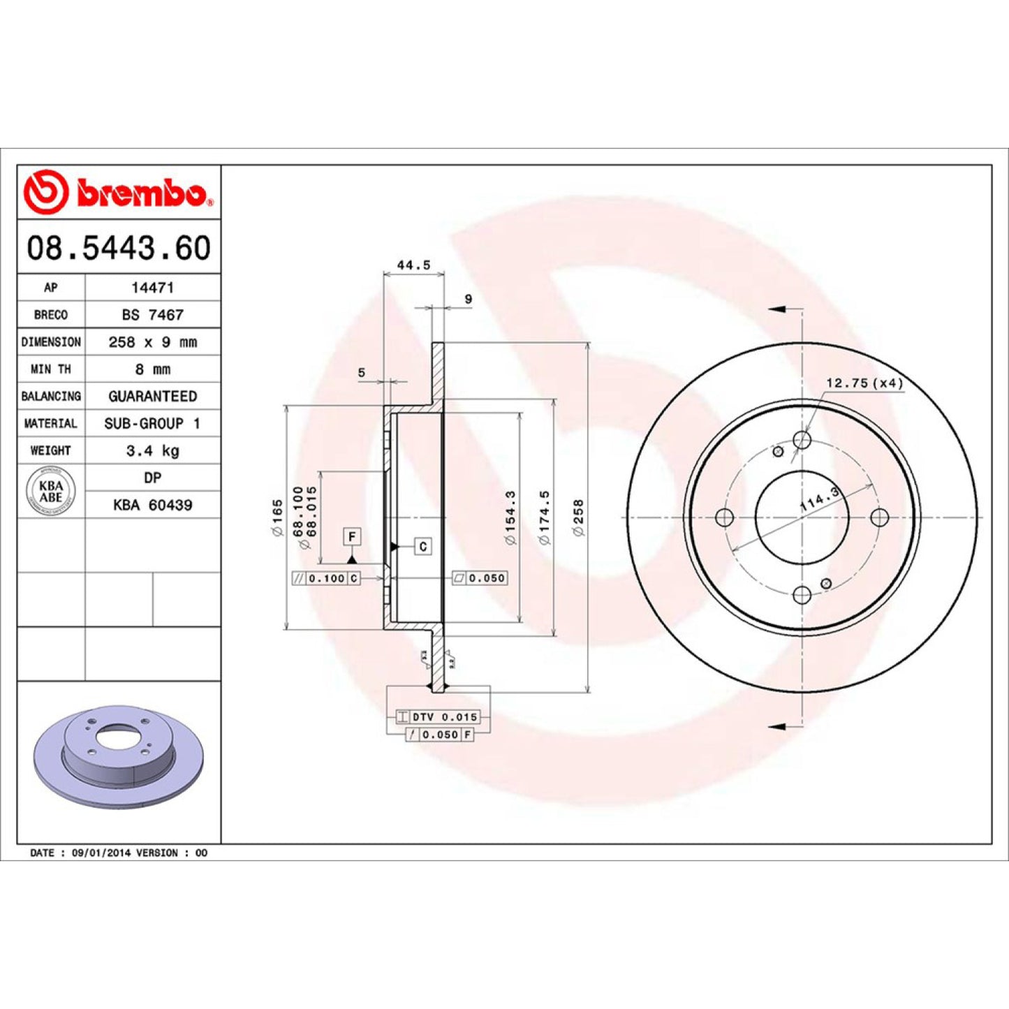 BRE-08.5443.60 - PAR DE DISCOS DE FRENO TRASEROS PARA NISSAN ALTIMA GLE 1993-1997