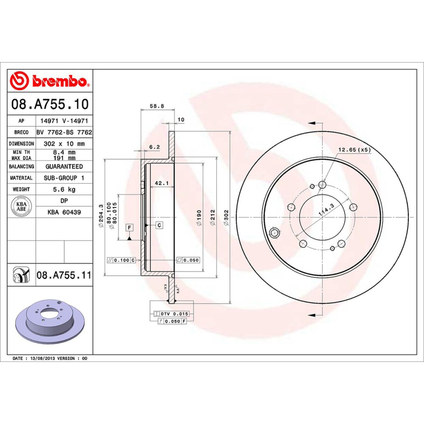 BRE-08.A755.10 - PAR DE DISCOS DE FRENO TRASEROS PARA MITSUBISHI LANCER RALLIART 2009-2015