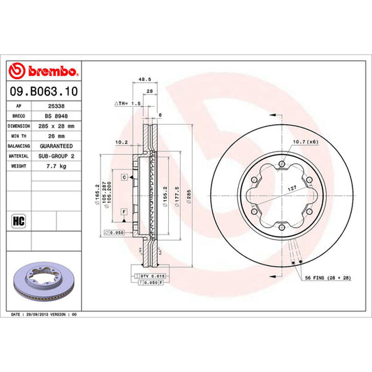 BRE-09.B063.10 - PAR DE DISCOS DE FRENO DELANTEROS PARA TOYOTA HIACE BASE 2006-2018